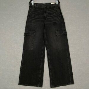 NEW American Eagle Baggy Wide Leg Jeans Super High Rise Distressed Black Sz 10